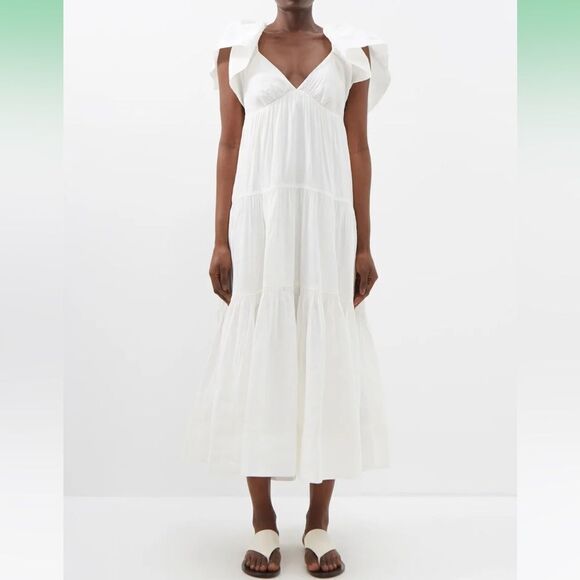 LA LIGNE Stella Ruffle Shoulder Open Back Linen Blend Midi Dress, Ivory M - Picture 1 of 8